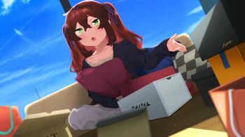 Rule 34 | 1girl, absurdres, blue sky, blush, box, brown hair, flat chest, game cg, green eyes, hans.b, highres, holding, holding pillow, indoors, long hair, looking at viewer, maitoko yuri, open mouth, pillow, sitting, sky, solo, teikan no eve bethel, window