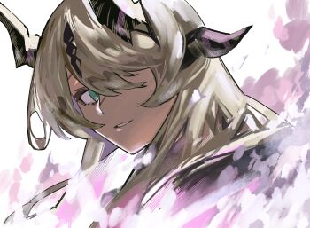 1girl absurdres arknights black_horns chiriejjiyo dragon_girl dragon_horns necrass_(arknights) fire green_eyes hair_over_one_eye highres horns long_hair looking_at_viewer parted_lips purple_fire simple_background smile solo white_background