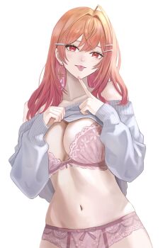 1girl :p absurdres ahoge bra breasts cleavage clothes_lift commentary_request dhbwinner earrings gradient_hair hair_ornament hairclip highres hololive hololive_dev_is ichijou_ririka jewelry lace lace_bra lace_panties large_breasts lingerie long_hair long_sleeves looking_at_viewer multicolored_hair navel no_pants off-shoulder_sweater off_shoulder orange_eyes orange_hair panties pink_bra pink_hair pink_panties simple_background solo stomach sweater sweater_lift swept_bangs tongue tongue_out underwear virtual_youtuber white_background