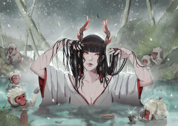1girl afloat alcohol animal arms_up bamboo black_hair blunt_bangs bottle branch breasts candle cleavage closed_eyes closed_mouth collarbone cup dripping earrings fingernails fire glowing glowing_horns grass highres holding holding_branch horns ifragmentix japanese_clothes japanese_macaque jewelry leaf long_fingernails long_hair long_sleeves monkey oni onsen original outdoors parted_lips partially_submerged petals red_eyes ripples rock sakazuki sake sake_bottle sharp_fingernails signature sitting snow snowing steam water wet wide_sleeves
