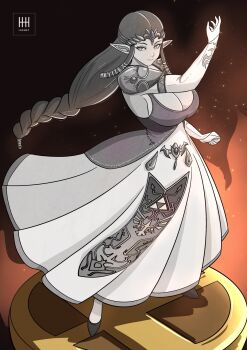 Rule 34 | 1girl, alternate breast size (larger), armor, artist logo, artist name, braid, breasts, brown shoes, circlet, cleavage, closed mouth, commentary, dress, elbow gloves, english commentary, full body, gloves, hand up, highres, ihsnet, large breasts, logo, long hair, looking at viewer, low-braided long hair, low-tied long hair, nintendo, pointy ears, princess zelda, shoes, shoulder armor, sidelocks, sleeveless, sleeveless dress, solo, standing, super smash bros., super smash bros. logo, the legend of zelda, the legend of zelda: twilight princess, triforce, two-tone dress