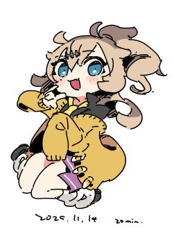 Rule 34 | 1girl, \m/, black shirt, black shoes, blonde hair, blue eyes, blush stickers, cardigan, collared shirt, dated, fang, full body, hair ornament, hairclip, highres, jumping, long hair, long sleeves, looking at viewer, loose socks, messy hair, mole, mole under eye, necktie, no sclera, one side up, open cardigan, open clothes, open mouth, pigeon-toed, purple skirt, sakamoto ahiru, shikoku metan, shirt, shoes, simple background, single sleeve past fingers, skin fang, skirt, smile, socks, solo, voicevox, white background, white socks, yellow cardigan, yellow necktie