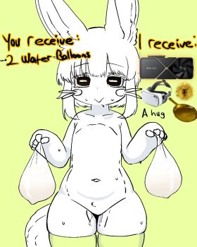 1girl 911servis animal_ears blunt_bangs english_text flat_chest frying_pan furry furry_female graphics_card green_background head-mounted_display highres horizontal_pupils made_in_abyss nanachi_(made_in_abyss) navel no_nipples pussy_juice rabbit_ears short_hair sidelocks simple_background sweat thick_thighs thighhighs thighs trade_offer_(meme) whiskers