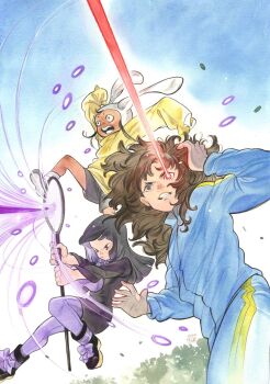 Rule 34 | 3girls, animal ears, black hair, black nails, black robe, black shorts, blue background, blue track suit, boots, bow, bowtie, brown hair, comic cover, commentary request, dark-skinned female, dark skin, floating, goth fashion, gradient background, grey eyes, grey shoes, hand on own head, highres, holding, holding magnifying glass, holding staff, holding wand, hood, hoodie, jewelry, laser, laser sight, long hair, magnifying glass, marvel, mori (marvel), multiple girls, nail polish, natsu tsukishima, nico minoru, official art, open mouth, pantyhose, peach momoko, plaid bow, plaid bowtie, plaid clothes, purple bow, purple bowtie, purple pantyhose, purple robe, rabbit ear headwear, rabbit ears, robe, school uniform, shoes, shorts, signature, sneakers, staff, striped clothes, track suit, traditional media, tree, two-tone robe, two-tone track suit, ultimate x-men (2024), wand, white background, white shoes, wind, x-men, yellow hoodie, yellow track suit