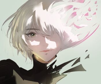 1girl 2b_(nier:automata) absurdres closed_mouth commentary dissolving english_commentary gradient_background green_background green_eyes grey_hair highres hozo203 looking_at_viewer nier:automata nier_(series) portrait short_hair solo