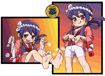 1girl :q alt_text artist_name bike_shorts blush border chest_sarashi dated dot_nose feet gradient_background hair_between_eyes hair_rings hair_tubes headband holding holding_sock holding_unworn_clothes loli looking_at_viewer multiple_views original outside_border presenting_own_foot purple_hair red_eyes rope sarashi shimenawa shorts smell socks soles standing toes tongue tongue_out unworn_socks white_border white_headband white_shorts white_socks yuuya_(blue_scarab)