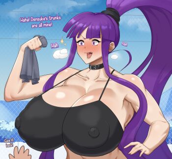 black_tank_top blush breasts choker collar covered_erect_nipples eiken gigantic_breasts highres long_hair mifune_densuke misono_kirika muundae ponytail purple_eyes purple_hair reaching reaching_towards_another sidelocks single_fang steam tank_top underwear very_long_hair