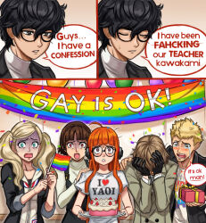 3boys 3girls akechi_gorou amamiya_ren black_dress black_gloves black_hair black_jacket blazer blonde_hair blunt_bangs box breasts brown_hair cake closed_eyes clothes_writing collarbone commentary confetti crying crying_with_eyes_open dress english_commentary english_text flag food gay_is_ok_(meme) gift gift_box glasses gloves hair_between_eyes hand_on_another&#039;s_shoulder hands_up headphones highres holding holding_flag holding_gift holding_tray jacket long_hair long_sleeves looking_at_viewer medium_breasts meme multiple_boys multiple_girls neggoartz niijima_makoto open_mouth orange_hair persona persona_5 rainbow_flag sakamoto_ryuuji sakura_futaba shaded_face shirt short_hair short_sleeves speech_bubble surprised takamaki_anne tears tray turtleneck white_shirt zipper_pull_tab
