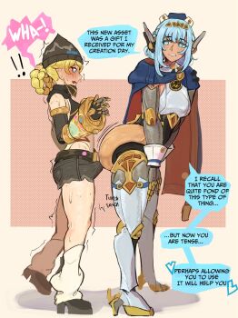 2girls android black_hat blonde_hair blue_eyes blue_hair blush braid braided_hair_rings bulge cape commentary english_commentary english_text erection erection_under_clothes futanari genshin_impact hair_ornament hair_rings hat highres ineffa_(genshin_impact) jahoda_(genshin_impact) joints long_hair mechanical_arms multiple_girls open_mouth redfushsia robot_ears robot_girl robot_joints short_shorts shorts sidelocks sweat yellow_eyes