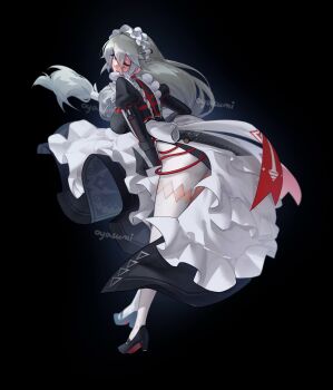 Rule 34 | 1girl, ;), absurdres, alexandrina sebastiane, apron, artist name, ass, black dress, black shoes, breasts, dress, full body, grey hair, hair between eyes, highres, juliet sleeves, large breasts, leaning forward, long dress, long hair, long sleeves, looking at viewer, looking back, maid headdress, one eye closed, oy4sumi, pantyhose, pantyhose cutout, puffy sleeves, red eyes, screw hair ornament, shoes, side slit, smile, solo, spiked headband, very long hair, white apron, white pantyhose, zenless zone zero