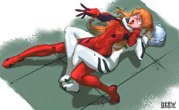 2girls :o alternate_breast_size artist_request asphyxiation ass ayanami_rei blue_eyes blue_hair blush bodysuit breasts brown_hair femdom forced full_body grabbing_from_behind highres humiliation interface_headset_(evangelion) legs_apart long_hair looking_up lookseewatch lying mecha_pilot_suit moaning multiple_girls neon_genesis_evangelion on_back on_floor open_mouth plugsuit_(evangelion) red_bodysuit red_eyes restrained saliva shiny_clothes short_hair simple_background skin_tight souryuu_asuka_langley spread_legs submission teardrop tears tongue tongue_out torture twintails violence white_background white_bodysuit wide_hips