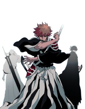 3boys absurdres bankai black_hair black_hakama black_kimono bleach bleach:_sennen_kessen-hen brown_eyes closed_mouth colored_skin facial_hair hair_between_eyes hakama highres holding holding_sword holding_weapon hollow_(bleach) hollow_ichigo japanese_clothes kimono kurosaki_ichigo long_hair long_sleeves looking_at_viewer male_focus multiple_boys n_ep_tune2 orange_hair shihakusho shikai shinigami short_hair simple_background solo_focus spiked_hair sword tensa_zangetsu_(bankai) true_zangetsu_(bankai) true_zangetsu_(shikai) weapon white_hair white_skin zangetsu_(bleach) zangetsu_(shikai) zanpakutou