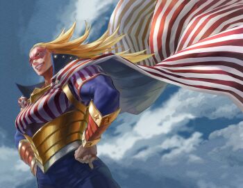 1girl absurdres american_flag american_flag_print biceps blonde_hair blue_bodysuit blue_sky bodysuit boku_no_hero_academia bracer breasts cape cloud cloudy_sky commentary_request day domino_mask dutch_angle eye_mask flag_print floating_cape from_side grin hair_slicked_back hands_on_own_hips highres large_breasts long_hair looking_ahead mask muscular muscular_female outdoors partial_commentary red_eyes red_mask skin_tight sky smile solo star_(symbol) star_and_stripe_(boku_no_hero_academia) striped_bodysuit striped_cape striped_clothes studs superhero_costume two-sided_cape two-sided_fabric upper_body vertical-striped_cape vertical-striped_clothes yomoyama_yotabanashi