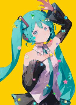 1girl absurdres analogous_colors aqua_eyes aqua_hair aqua_necktie bare_shoulders black_skirt black_sleeves detached_sleeves double-parted_bangs frilled_shirt frills hair_ornament hand_on_own_chest hatsune_miku head_tilt headset highres holding_sticker long_hair miniskirt necktie open_mouth pleated_skirt shirt sideways skirt sleeveless sleeveless_shirt solo sticker sticker_on_face too_many_stickers twintails twitter_username upper_body very_long_hair vocaloid wide_sleeves yellow_background yuyufufu