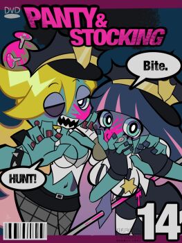 Rule 34 | 2girls, blonde hair, blood, blue nails, breasts, colored inner hair, colored skin, commentary request, fingerless gloves, fishnets, gloves, green skin, highres, impaled, makeup, medium breasts, multicolored hair, multiple girls, omuraisu 0817, panty &amp; stocking with garterbelt, panty (psg), pink blood, police, police uniform, red nails, sharp teeth, small breasts, stocking (psg), teeth, two-tone hair, zombie