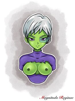 1girl absurdres blue_eyes bodysuit breasts breasts_out cheelai colored_skin dragon_ball dragon_ball_super earrings green_skin highres jewelry magnitudor necklace nipple_piercing pearl_necklace piercing purple_eyes scarf scouter torn_clothes upper_body white_hair