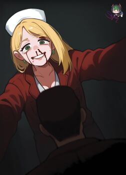 Rule 34 | 1boy, 1girl, 2025, absurdres, ai-assisted, bad perspective, blonde hair, blood, brown hair, earrings, grey background, harry mason, hat, highres, injury, jacket, jewelry, konami, lisa garland, nosebleed, nurse, nurse cap, red jacket, sefionn, silent hill (series), silent hill 1, smile