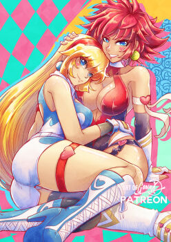 Rule 34 | 2girls, abstract background, armband, artist name, ass, asymmetrical legwear, bare shoulders, blonde hair, blue eyes, breasts, center opening, choker, cleavage, cleavage cutout, closed mouth, clothing cutout, commentary, cutie honey, cutie honey (character), dual persona, english commentary, facial mark, feet out of frame, gensox, gloves, grin, hairband, heart, heart choker, kisaragi honey, large breasts, long hair, looking at viewer, multiple girls, paid reward available, red hair, red hairband, selfcest, short hair, sleeveless, smile, yuri