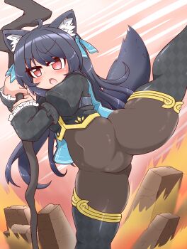 1girl ahoge animal_ear_fluff animal_ears argyle_clothes argyle_shirt argyle_thighhighs black_hair black_shrug bodystocking bodysuit borrowed_character breasts brown_bodysuit checkered_thighhighs chest_belt covered_navel detached_pants hair_ribbon highres holding holding_wand impossible_bodysuit impossible_clothes kicking long_hair long_sleeves looking_at_viewer mage_staff original pantyhose red_eyes ribbon see-through_bodystocking senyou6060 shrug_(clothing) skin_tight small_breasts staff standing svartlilja_(vrchat) tail thighs vrchat wand wolf_ears wolf_girl wolf_tail
