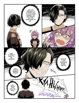 1boy 1girl bernadetta_von_varley black_hair closed_mouth comic darkgreyclouds english_text epaulettes evil_smile fire_emblem fire_emblem:_three_houses fleeing from_behind from_side garreg_mach_monastery_uniform grin hair_over_one_eye highres hubert_von_vestra long_sleeves nintendo open_mouth purple_hair running scared screaming short_hair smile