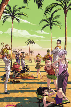 alderion-al alternate_hairstyle bag ball banana bandeau beach beach_chair beachball biscuit_krueger black_eyes black_hair black_lips blonde_hair brothers character_request commentary crossed_arms drinking_straw flower food food_on_head forehead_jewel fruit fruit_on_head glass gon_freecss green_bandeau green_eyes green_skirt green_sky highres hunter_x_hunter jewelry killua_zoldyck knuckle_bine kurapika leorio_paladiknight lying medium_skirt monkey muscular muscular_male object_on_head on_stomach one_eye_closed orange_eyes palm_siberia palm_tree pendant pompadour ponytail shoot_mcmahon siblings signature skirt sky smile spanish_commentary sunglasses tail tank_top tongue tongue_out topless_male tree v wavy_hair white_hair white_tank_top