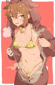 1girl absurdres animal_costume bell bikini black_choker blush breasts brown_hair brown_pubic_hair cameltoe choker christmas commentary_request cowboy_shot deer_costume female_pubic_hair fukana_miyu_(kokuya28) gold_bikini groin hair_between_eyes highres kokuya_(kokuya28) looking_at_viewer micro_bikini navel neck_bell open_clothes open_mouth opened_by_self orange_eyes original pubic_hair red_background reindeer_costume short_hair small_breasts smile solo steaming_body sweat swimsuit