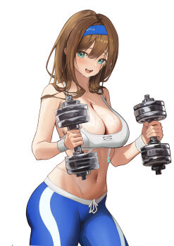 1girl :d absurdres aqua_eyes bare_shoulders blue_hairband blue_pants blush breasts brown_hair cleavage collarbone commentary cowboy_shot dumbbell goddess_of_victory:_nikke hair_between_eyes hairband highres holding holding_dumbbell large_breasts long_hair looking_at_viewer midriff mole mole_on_breast navel open_mouth pants rumani_(nikke) sidelocks simple_background smile solo sports_bra standing sweat white_background white_sports_bra wumeizhi_ume yoga_pants
