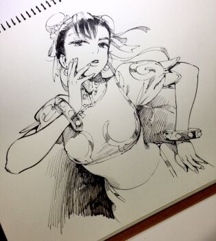 1girl ahn_dongshik bracelet bun_cover capcom china_dress chinese_clothes chun-li double_bun dress earrings eyelashes eyeliner fingernails graphite_(medium) greyscale hair_bun hair_ribbon hand_on_own_cheek hand_on_own_chin hand_on_own_face hand_on_own_thigh hatching_(texture) head_tilt jewelry linear_hatching lips long_fingernails looking_at_viewer looking_down makeup mandarin_collar monochrome pankou pantyhose pelvic_curtain photo_(medium) puffy_short_sleeves puffy_sleeves ribbon shadow shanghai_neckline short_hair short_sleeves simple_background solo spiked_bracelet spikes spiral_notebook straight-on street_fighter street_fighter_ii_(series) teeth thighs traditional_media upper_body waistband white_background