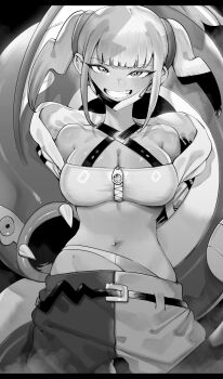 1girl absurdres arms_behind_back bandeau bare_shoulders blunt_bangs blush breasts canari_(pokemon) cleavage commentary_request eelektrik gen_5_pokemon greyscale grin highres large_breasts letterboxed looking_at_viewer mask mask_pull monochrome mouth_mask multicolored_hair navel nintendo niwarhythm pants pokemon pokemon_(creature) pokemon_legends:_z-a sidelocks smile twintails two-tone_pants zipper