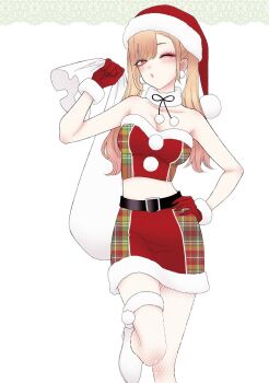 1girl alternate_costume alternate_hairstyle bag bare_shoulders belt black_belt blonde_hair blush breasts choker commentary dress earrings english_commentary fukuda_shinichi fur-trimmed_dress fur-trimmed_gloves fur-trimmed_skirt fur_trim gloves hat highres holding holding_sack jewelry kitagawa_marin large_breasts lips midriff official_alternate_costume official_art one_eye_closed red_dress red_eyes red_hat sack santa_hat simple_background skirt slippers sono_bisque_doll_wa_koi_wo_suru thighhighs third-party_source twintails white_background white_bag white_choker white_slippers