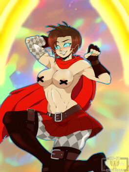 1girl absurdres alternate_costume alternate_eye_color arms_up bare_shoulders belt bikini black_footwear blue_eyes blue_nails blush boots breasts cape checkered_bikini checkered_clothes checkered_sleeves checkered_thighhighs cleavage cm_artist corruption cross cross_pasties curious_cat_(rwby) dark_persona evil_smile fingerless_gloves gloves highres kneeling large_breasts looking_at_viewer midriff nail_(hardware) nail_polish navel pasties possessed possession red_cape red_hair ruby_rose rwby signature slit_pupils smile swimsuit topless_female torn torn_clothes torn_sleeves watermark whiskers x_(symbol)