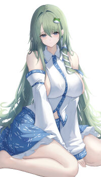1girl 7saki absurdres blue_eyes blue_skirt breasts commentary_request detached_sleeves frilled_skirt frills frog_hair_ornament green_hair hair_ornament hair_tubes highres kochiya_sanae large_breasts long_hair looking_at_viewer navel sideboob simple_background single_hair_tube sitting skirt snake_hair_ornament solo touhou very_long_hair wariza white_background