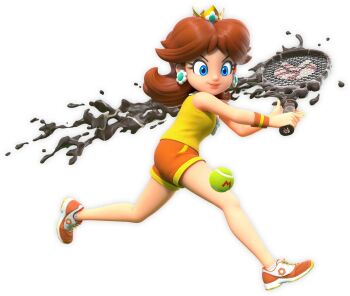 Rule 34 | 1girl, ball, bare shoulders, blue eyes, breasts, brooch, brown hair, crown, earrings, flipped hair, flower earrings, jewelry, mario (series), mario tennis, mario tennis fever, mud, nintendo, princess daisy, racket, running, shorts, tennis ball, tennis daisy, tennis racket, tomboy