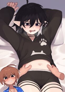 2boys ahoge arms_up black_ahir black_eyes black_hair black_hoodie black_shorts blue_shirt blush brown_hair clothes_lift earrings grey_hair grin highres hood hood_down hoodie hoodie_lift jewelry long_sleeves male_focus multicolored_hair multiple_boys navel necklace pillow pointy_ears sharp_teeth shirt shorts smile teeth two-tone_hair yaoi yoako