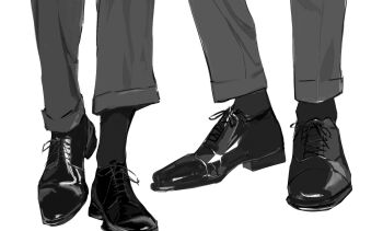 2boys 8d2suga9 black_shoes black_socks close-up contrapposto dress_shoes feet foot_focus greyscale highres kim_dokja laces monochrome multiple_boys omniscient_reader&#039;s_viewpoint shoes socks standing walking yoo_joonghyuk