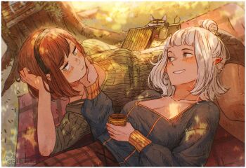 2girls artist_logo artist_name asimov_(spindle_(aidenr0)) averting_eyes black_hairband black_skirt blue_shirt blunt_bangs blush bob_cut border bra_strap breasts brown_eyes brown_pantyhose brown_skirt cat cleavage closed_mouth collarbone commentary couple cup dappled_sunlight day drink earrings elbow_rest elf embarrassed english_commentary english_text food from_above gold_earrings grass green_eyes green_shirt grin hair_bun hairband hand_on_another's_cheek hand_on_another's_face hand_on_own_head happy head_rest highres holding holding_cup holding_drink hoop_earrings jewelry lap_pillow logo long_sleeves looking_at_another loose_hair_strand lying medium_breasts multiple_girls on_back on_side original ottilie_(spindle_(aidenr0)) outdoors pantyhose parted_lips picnic picnic_basket picnic_blanket plaid_clothes plaid_skirt pointy_ears ribbed_shirt shirt short_hair short_sleeves sign single_hair_bun skirt smile spindle_(aidenr0) square_neckline sunlight swept_bangs theft tree tuxedo_cat under_tree wanted_poster white_border white_hairband yellow_eyes yellow_trim yuri