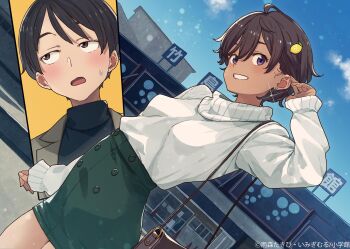 1boy 1girl absurdres adjusting_hair bag black_hair black_sweater blue_sky blush breasts brown_bag brown_eyes brown_hair building collared_sweater comic_panel_inset earrings food-themed_hair_ornament green_skirt hair_ornament handbag highres imigimuru jewelry lemon_hair_ornament long_sleeves make_heroine_ga_oo_sugiru! nukumizu_kazuhiko official_art open_mouth outdoors pencil_skirt purple_eyes ribbed_collar second-party_source short_hair shoulder_bag skirt sky smile sweat sweater white_sweater yakishio_lemon