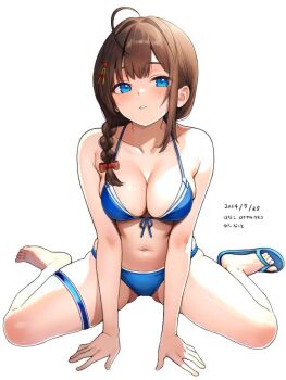 1girl ahoge bikini blue_bikini blue_eyes blush braid breasts brown_hair commentary_request dated hair_between_eyes hair_flaps hair_over_shoulder hanako_(peanut) highres kantai_collection long_hair looking_at_viewer medium_breasts navel official_alternate_costume shigure_(kancolle) shigure_kai_san_(kancolle) shigure_kai_san_(swimsuit)_(kancolle) single_braid sitting smile solo swimsuit white_background