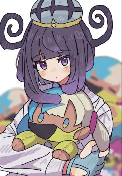 1girl black_hair blue_gloves blunt_bangs blush bob_cut canari_plush_(pokemon) character_doll closed_mouth coat doll gloves gwynn_(pokemon) han0579 hat highres holding holding_doll hugging_doll hugging_object long_sleeves looking_at_viewer multicolored_hair nintendo partially_fingerless_gloves pokemon pokemon_legends:_z-a purple_eyes purple_hair short_hair solo white_coat