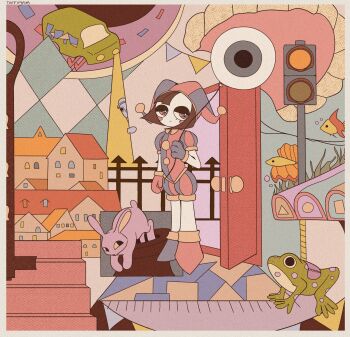 1girl abstract_background animal animalization artist_name asymmetrical_footwear blue_eyes blue_shirt blue_shorts border brown_hair bubble building car closed_mouth commentary door english_commentary expressionless fence fish frog green_car half-closed_eyes hat hat_bell highres house jax_(the_amazing_digital_circus) jester jester_cap jester_costume mismatched_footwear motor_vehicle multicolored_eyes multicolored_shirt multicolored_shorts multicolored_sleeves pomni_(the_amazing_digital_circus) rabbit red_eyes red_shirt red_shorts shirt short_hair short_sleeves shorts split-color_clothes stairs standing surreal taffimaya the_amazing_digital_circus two-tone_eyes two-tone_hat