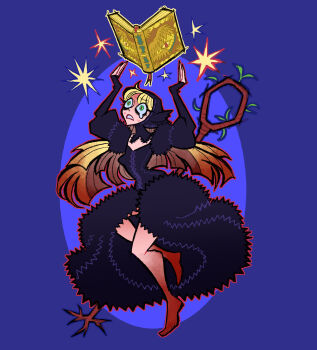 1girl barefoot black_headscarf black_hood blonde_hair blue_background book crying d: detached_hood dress dungeon_meshi ear_covers fur-trimmed_dress fur_dress fur_trim green_eyes headscarf highres lace-trimmed_headwear lace-trimmed_hood lace_trim long_hair marcille_donato marcille_donato_(lord) nokonyu open_book open_mouth red_pupils simple_background solo staff star_(symbol) tearing_up