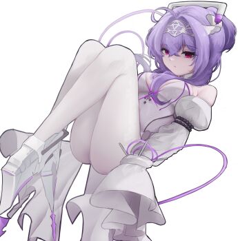 1girl absurdres ahoge armpit_crease bare_shoulders blabbit breasts commentary detached_sleeves english_commentary expressionless eyebrows_hidden_by_hair eyelashes frilled_sleeves frills goddess_of_victory:_nikke hair_intakes headband highres leotard leotard_peek liberalio_(nikke) long_bangs long_hair looking_at_viewer looking_to_the_side medium_breasts pantyhose parted_lips petite purple_eyes purple_hair purple_trim simple_background solo very_long_sleeves white_background white_footwear white_leotard white_pantyhose wire