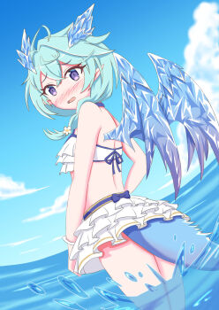 Rule 34 | 1girl, bikini, bikini skirt, blue sky, blue tail, blush, crystal horns, crystal wings, dragon horns, dragon tail, dragon wings, flower, frilled bikini, frills, hair flower, hair ornament, hair over shoulder, highres, horns, looking back, nojyo plus, ocean, princess connect!, purple eyes, sheffy (princess connect!), sheffy (summer) (princess connect!), sky, solo, standing, swimsuit, tail, wading, wings