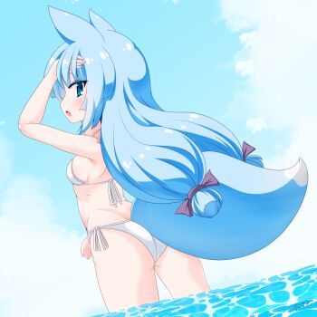 1girl animal_ears arm_up ass bikini blue_eyes blue_hair blue_sky breasts commentary_request day fox_ears fox_girl fox_tail from_behind kanijiru long_hair low_twintails open_mouth original outdoors side-tie_bikini_bottom signature sky small_breasts solo swimsuit tail twintails wading water white_bikini
