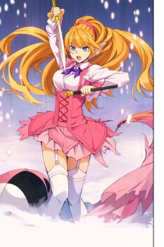 1girl blonde_hair blue_eyes bouncing_breasts breasts cleaned collared_shirt colorized dot_nose dungeon_ni_deai_wo_motomeru_no_wa_machigatteiru_darou_ka elf female_focus garter_belt garter_straps highres holding holding_staff holding_sword holding_weapon kneehighs large_breasts lefiya_viridis legs long_hair long_sleeves magic_staff manga_illustration manga_page miniskirt neckerchief official_art open_mouth pink_skirt pleated_skirt pointy_ears ponytail purple_neckerchief sexually_suggestive shirt skirt socks solo solo_focus staff sword sword_oratoria teeth textless_version thighhighs thighs torn_clothes torn_skirt upper_teeth_only weapon white_garter white_garter_belt white_garter_straps white_shirt white_thighhighs yagi_takashi zettai_ryouiki