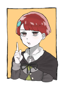 Rule 34 | 1boy, black cape, black jacket, black ribbon, blazer, blue gem, blunt bangs, border, brown eyes, buttons, cape, collared jacket, collared shirt, commentary request, cropped torso, danganronpa (series), danganronpa v3: killing harmony, dot nose, dress shirt, expressionless, gem, gem hair ornament, genderswap, genderswap (ftm), green vest, grey shirt, hair ornament, hairclip, jacket, lapels, long sleeves, looking at viewer, male focus, neck ribbon, notched lapels, open mouth, outside border, pale skin, partially unbuttoned, pointing, pointing up, red hair, ribbon, shirt, short hair, sleeve cuffs, solo, tappo (gemori), very short hair, vest, white border, yellow background, yumeno himiko