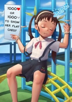 1girl absurdres bakemonogatari breasts brown_hair drooling english_text flat_chest hachikuji_mayoi handcuffed headband highres kevabwtf loli monogatari_(series) playground sign skirt sleeping small_breasts suspender_skirt suspenders twintails