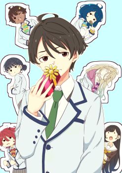 1boy 6+girls ahoge basori_tiara blue_bow blue_bowtie blue_hair bow bowtie box cardigan commentary food-themed_hair_ornament gift gift_box grey_skirt hair_between_eyes hair_ornament happy_white_day highres komari_chika lemon_hair_ornament long_hair_between_eyes make_heroine_ga_oo_sugiru! male_focus medium_hair mono9ron multiple_girls nukumizu_kaju nukumizu_kazuhiko pink_bow pink_bowtie pink_cardigan pink_sweater school_uniform shikiya_yumeko skirt solo_focus sweater tan tsuwabuki_high_school_uniform white_day yakishio_lemon yanami_anna yellow_bow yellow_bowtie