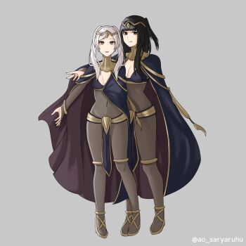 2girls ao_saryaruhu artist_name black_bra black_eyes black_hair black_nails bodysuit bra breasts cleavage_cutout cloak clothing_cutout cosplay covered_navel covering_breasts covering_privates female_focus female_robin_(fire_emblem) fingernails fire_emblem fire_emblem_awakening bad_tag full_body happy height_difference high_heels highres hime_cut intelligent_systems jewelry knees large_breasts legs light_blush light_smile loincloth long_hair looking_at_viewer matching_hair/eyes medium_breasts multiple_girls nail_polish nintendo open_mouth outstretched_arm parted_lips revealing_clothes see-through_bodysuit see-through_clothes short_twintails sidelocks simple_background smile standing swept_bangs tharja_(fire_emblem) tharja_(fire_emblem)_(cosplay) thighlet thighs tiara tongue tongue_out twintails underwear white_hair