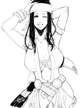 1girl bikini black_eyes black_hair breasts cleavage_cutout clothing_cutout curvy falcoon female_focus hairband huge_breasts jewelry large_breasts long_hair one_eye_closed panties ring smile smiley_face swimsuit the_king_of_fighters thick_thighs thighs underwear white_panties wide_hips wink zarina